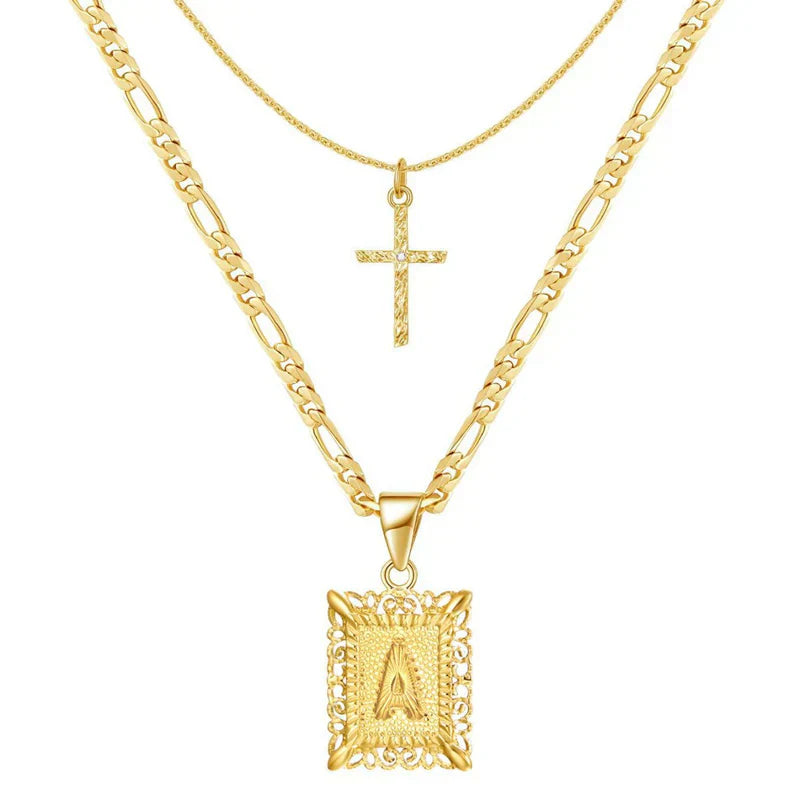 Cross Initial Necklace Set | Gold