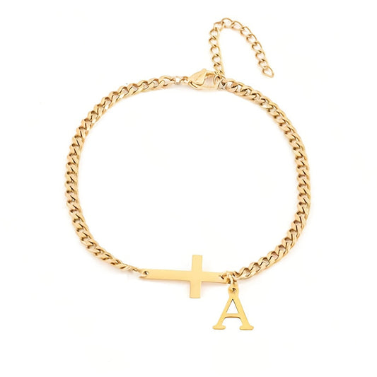 Pulsera con inicial y cruz | Oro