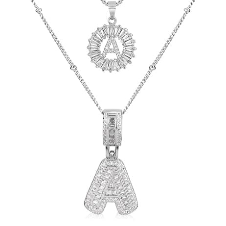 Conjunto de collar inicial con letras de pavé | Oro blanco