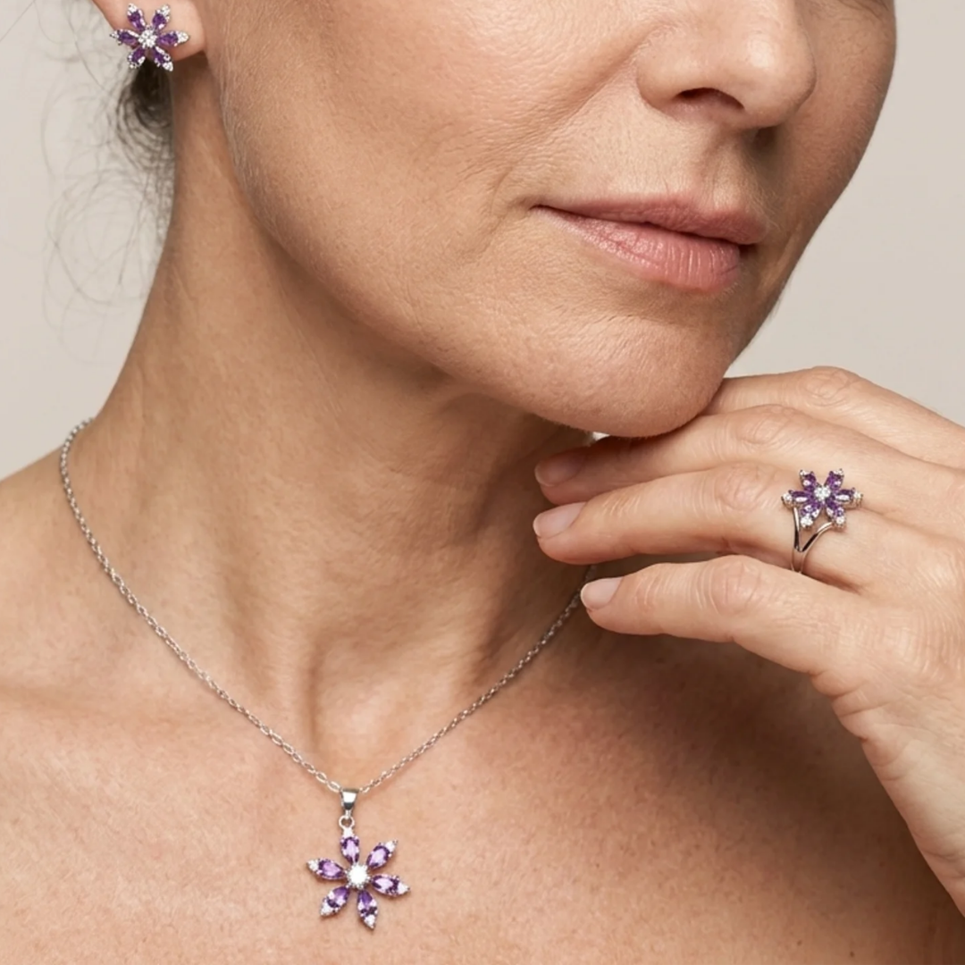 Conjunto de Joyería Amethyst Bloom | Oro blanco