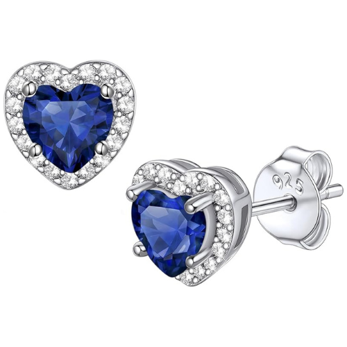Aretes de botón de corazón con zafiro | Oro blanco
