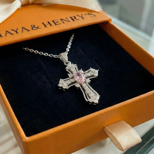 Collar de cruz Celestial Pink | Oro blanco