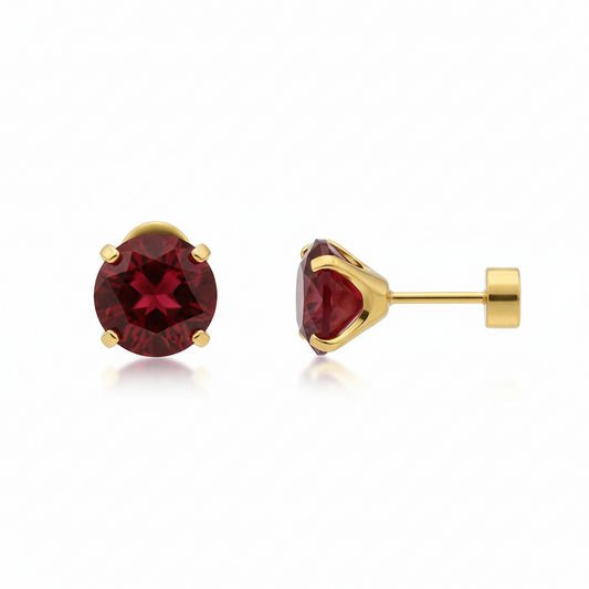 Aretes de botón redondos con rubíes | Oro