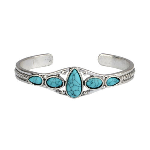 Brazalete Abierto con Gota Turquesa | Oro blanco