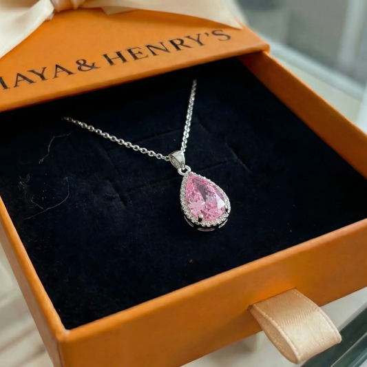 Collar de lágrima rosa | Oro blanco