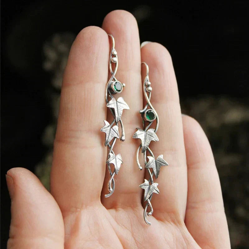 Antique Leaf Elf Earrings | White Gold