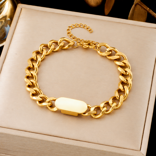 Pulsera de eslabones cubanos con placa | Oro