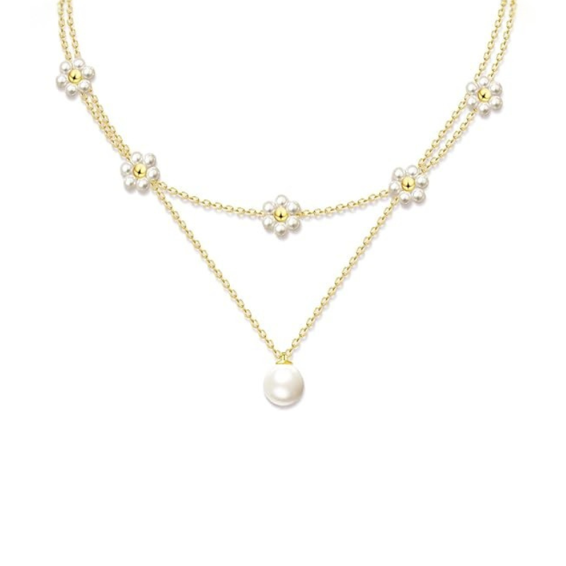 Floral Pearl Layered Necklace | Gold