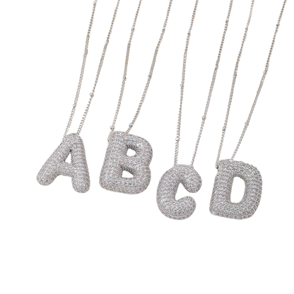Bubble letter initial necklace set | White Gold
