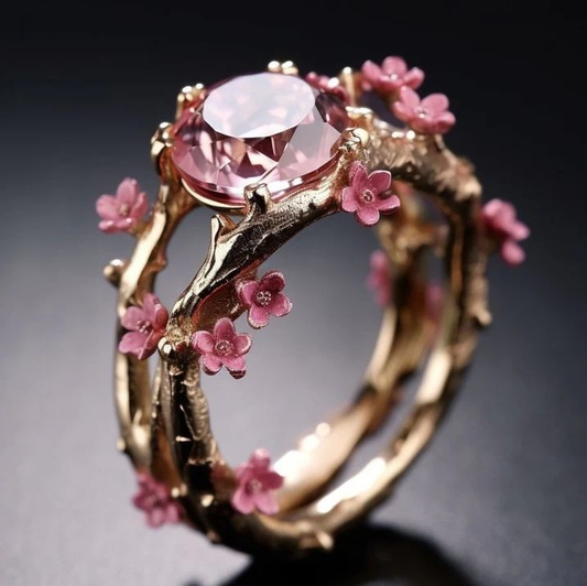 Elegante anillo de cristal con flor rosa | Oro