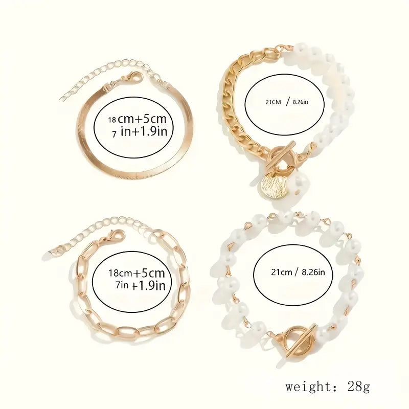 Elegante conjunto de 4 pulseras doradas: serpiente, perlas y eslabones | Oro