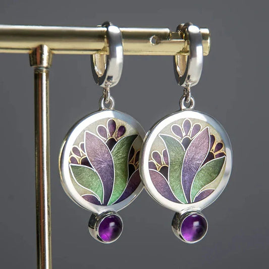 Vintage Boho Earrings with Purple Crystals | White Gold