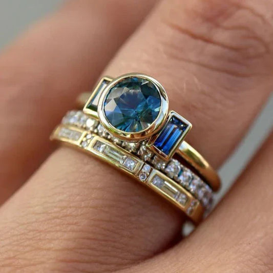 Juego de anillos elegantes azul antiguo | Oro