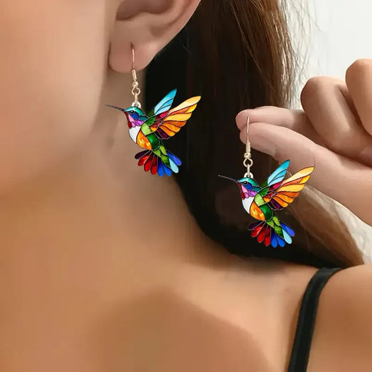 Aretes de colibrí coloridos | Oro blanco