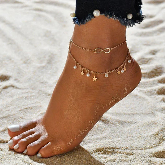 Tobillera Pulsera Infinito + Perlas y Estrellas | Oro